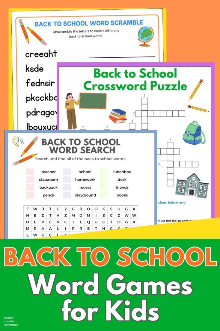 printable back to school word games for kids title and word search, crossword puzzle and word jumble new pin image