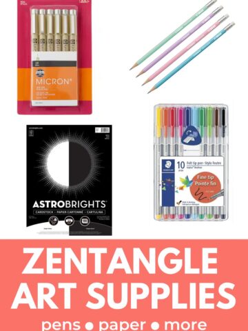 collage of zentangle art supplies with title "zentangle art supplies pens, paper and more"