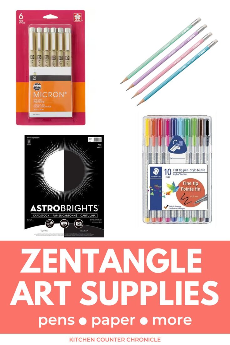 collage of zentangle art supplies with title "zentangle art supplies pens, paper and more"