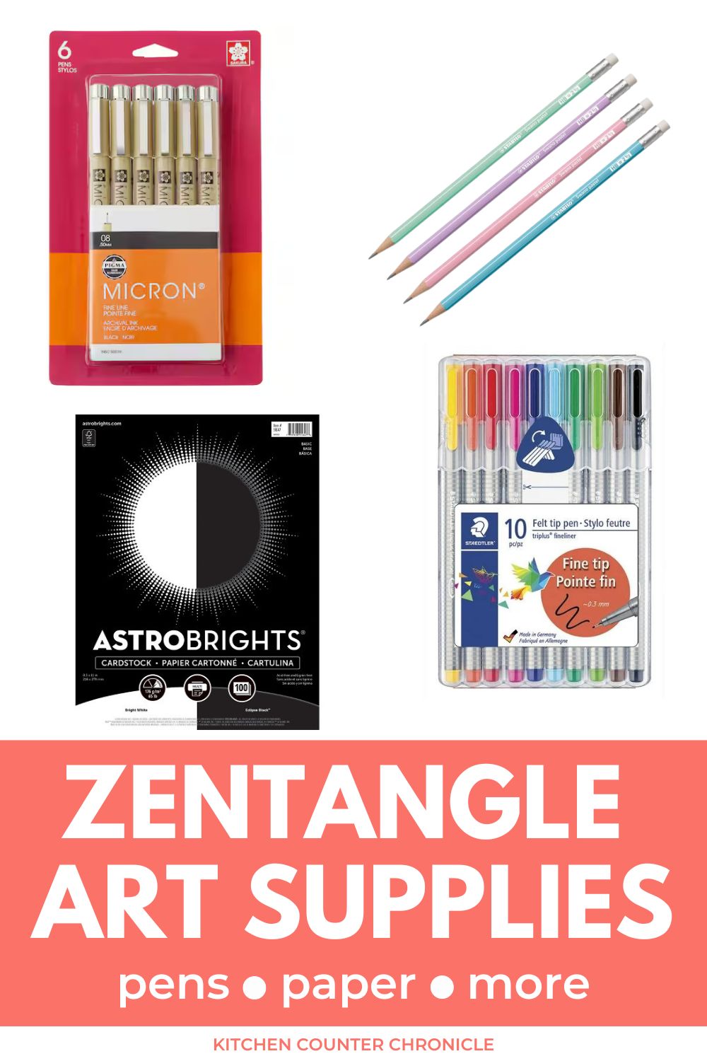 collage of zentangle art supplies with title "zentangle art supplies pens, paper and more"