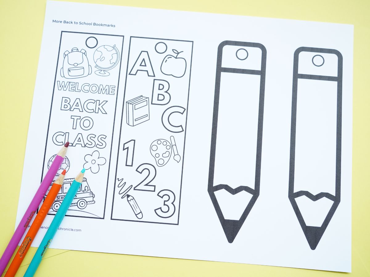 back to school pencil bookmark printable with pencil crayons on yellow background