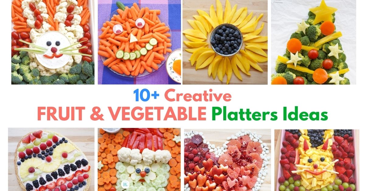 collage of fruit and vegetable trays that are creative for holidays social image