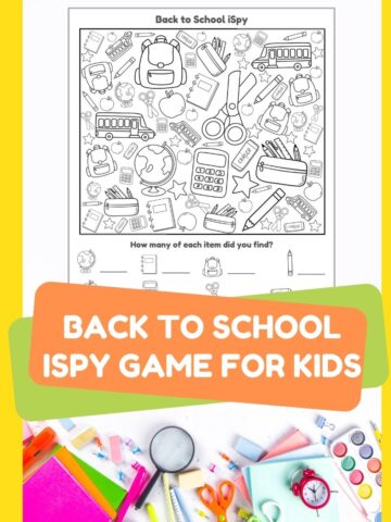collage of school supplies and printable back to school ispy game for kids