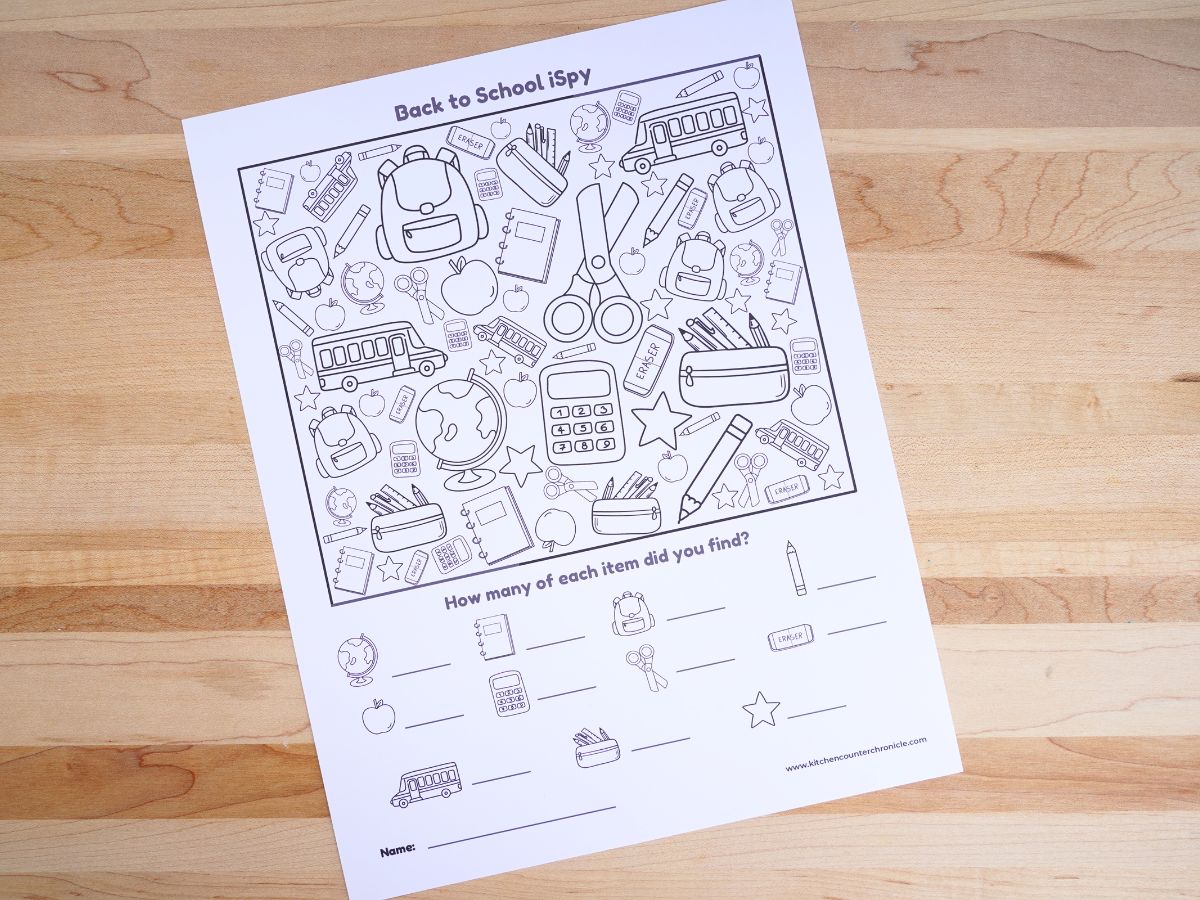 image of print out of back to school ispy game on wood table