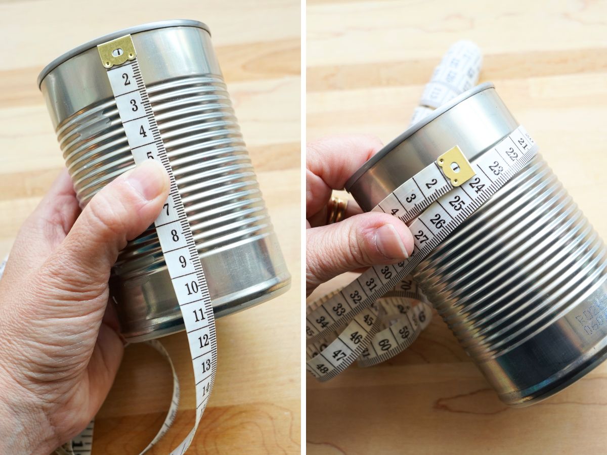 measuring tape wrapped around tin can and measuring circumference of can