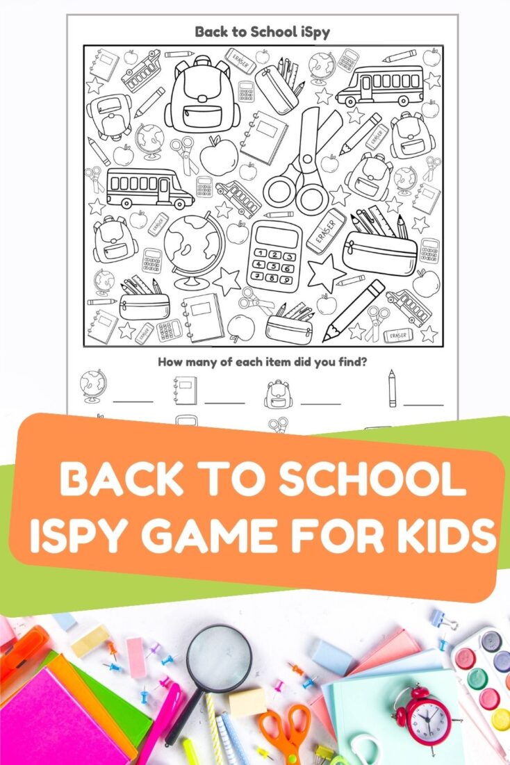image of printable BACK TO SCHOOL ISPY GAME FOR KIDS with title saying the same and pile of school supplies