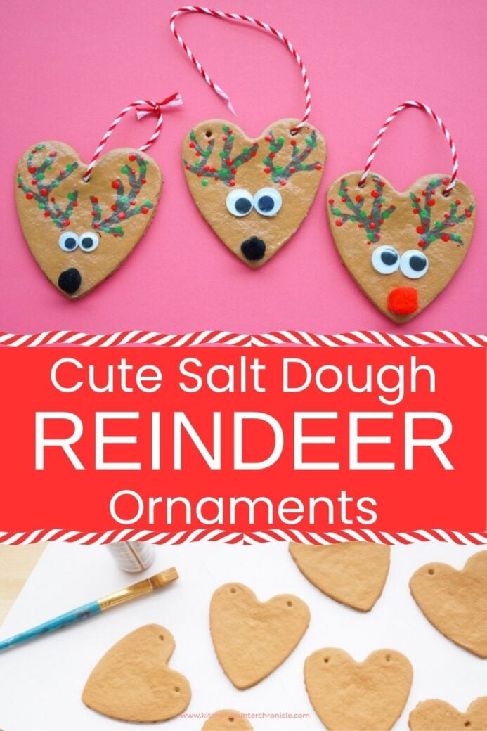 3 salt dough reindeer christmas ornaments with a pile of brown salt dough reindeer
