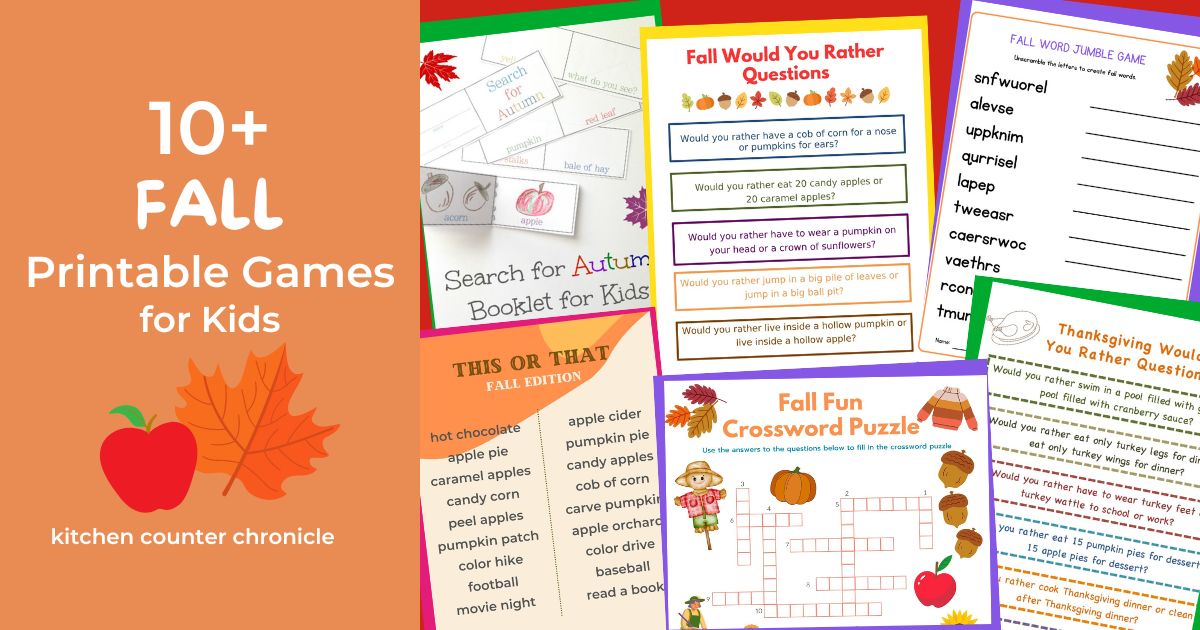 collage of fall printable games with title 10 fall printable games for kids