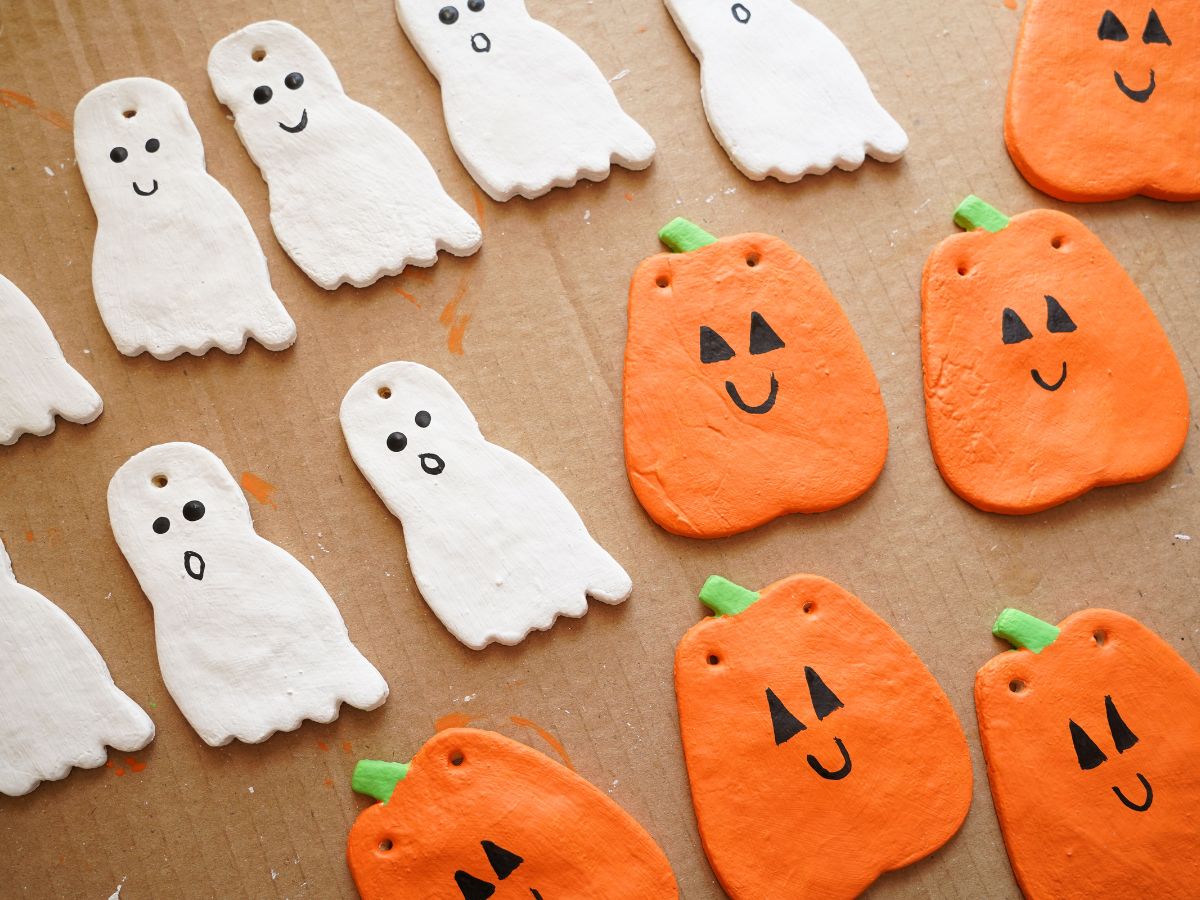 faces painted on salt dough pumpkins and ghosts for garland