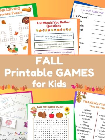 fall printable games for kids title with collage of printable games featured image