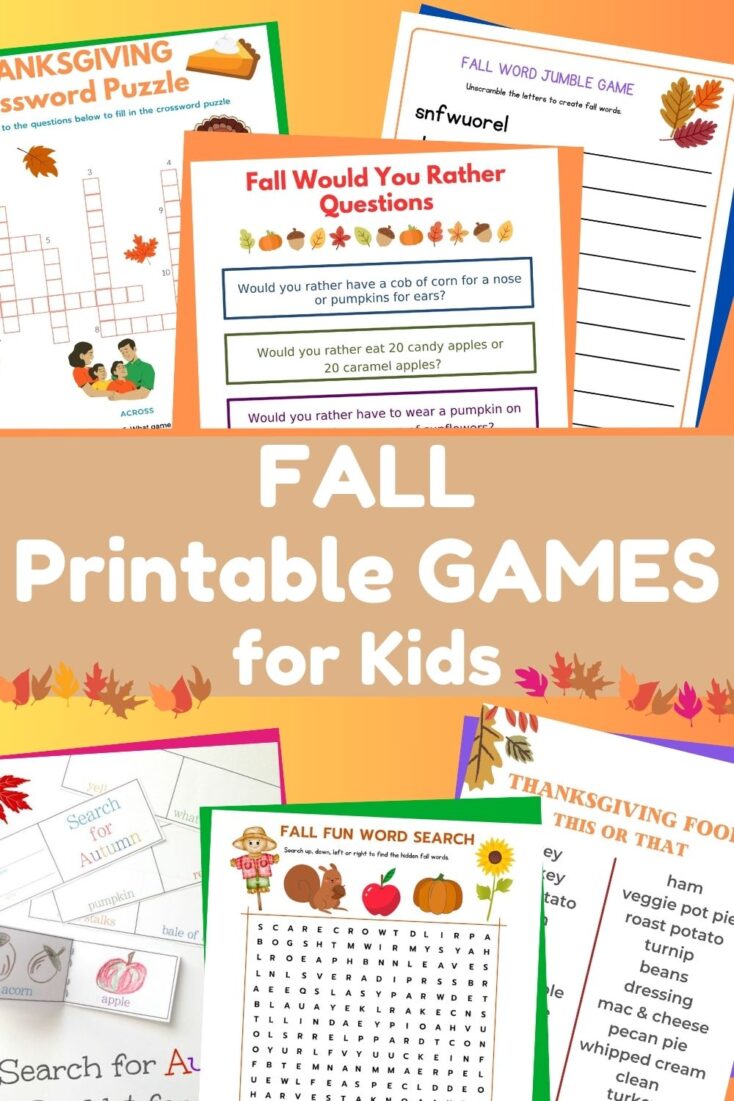 title "printable fall games and activities for kids" with collage of fall printables