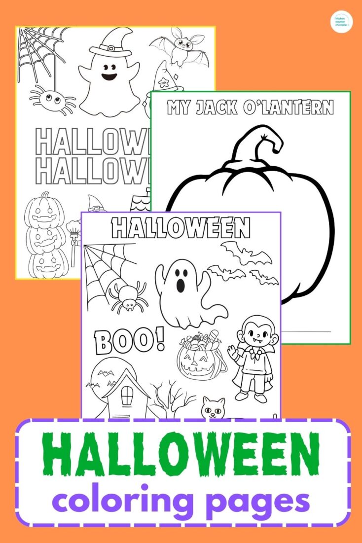 3 printable sheets of halloween coloring pages with title "Halloween coloring pages"