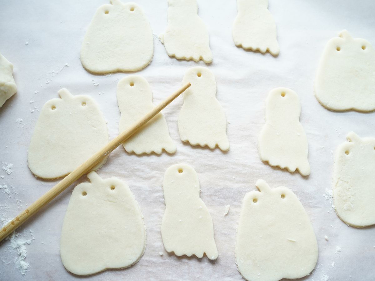 salt dough pumpkins and ghosts unbaked with chop stick