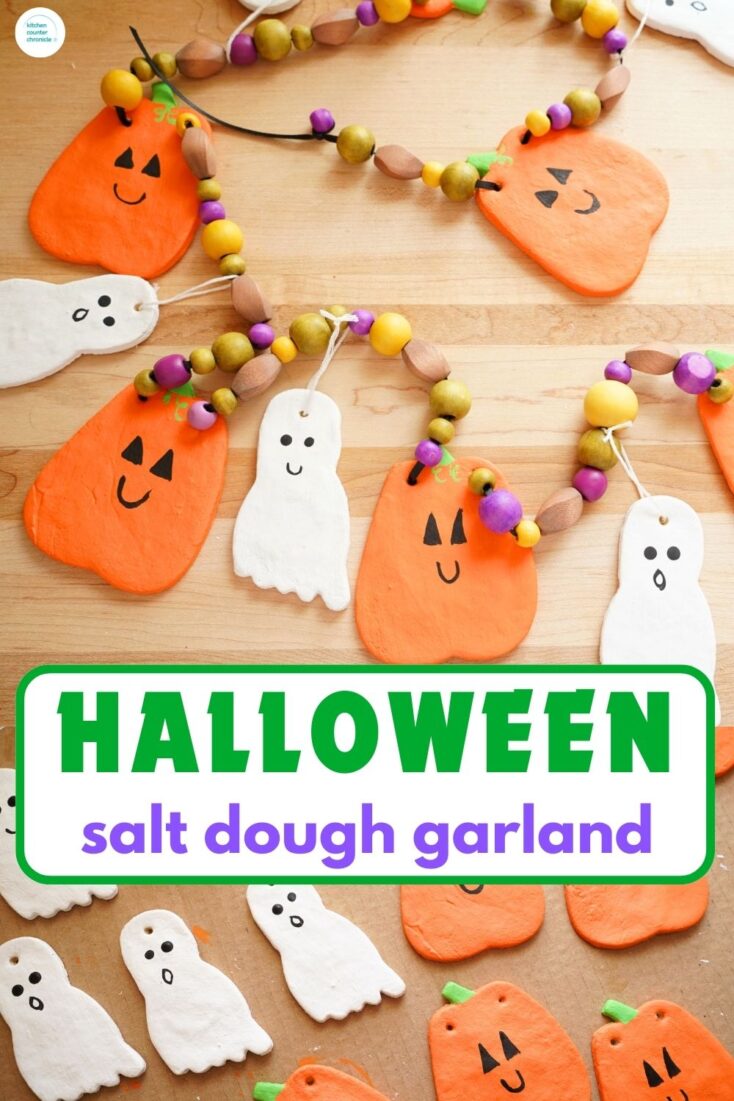 title HALLOWEEN Salt Dough Garland with image of salt dough pumpkins and salt dough ghosts on wooden bead garland