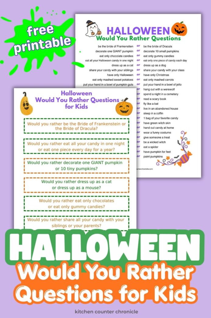 two versions of printable halloween would you rather questions for families to print and play