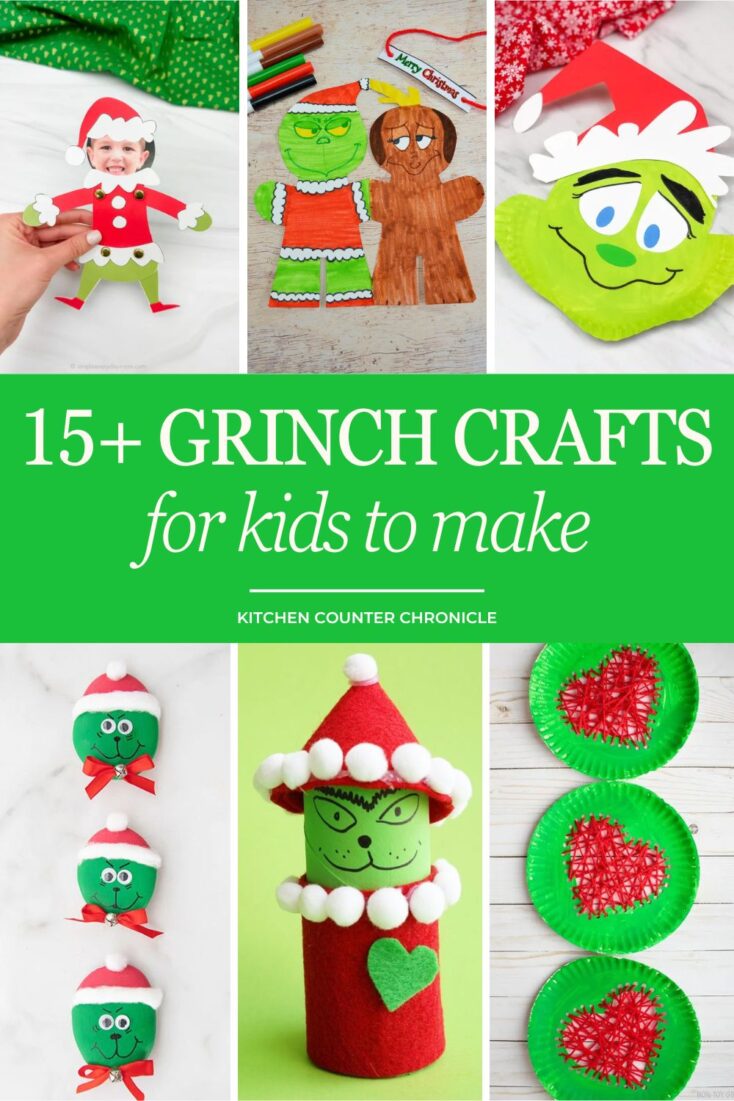 title "15+ Grinch Crafts for kids" and collage of Grinch crafts