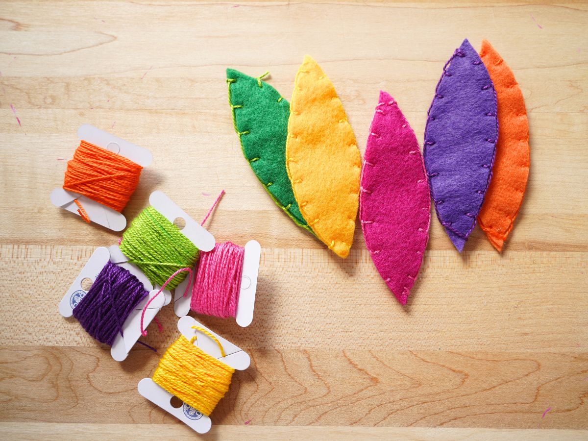 5 felt turkey feathers cut and sewn together