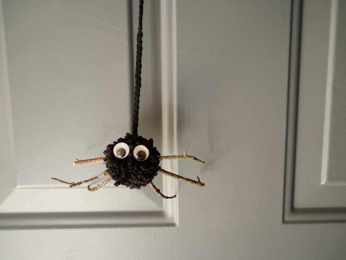 close up of pom pom spider with twig legs hanging from yarn web