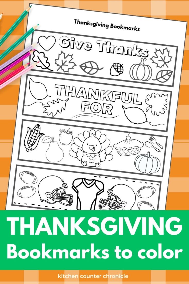orange plaid background with sheet of 4 printable thanksgiving bookmarks and a few pencil crayons title Thanksgiving bookmarks to color