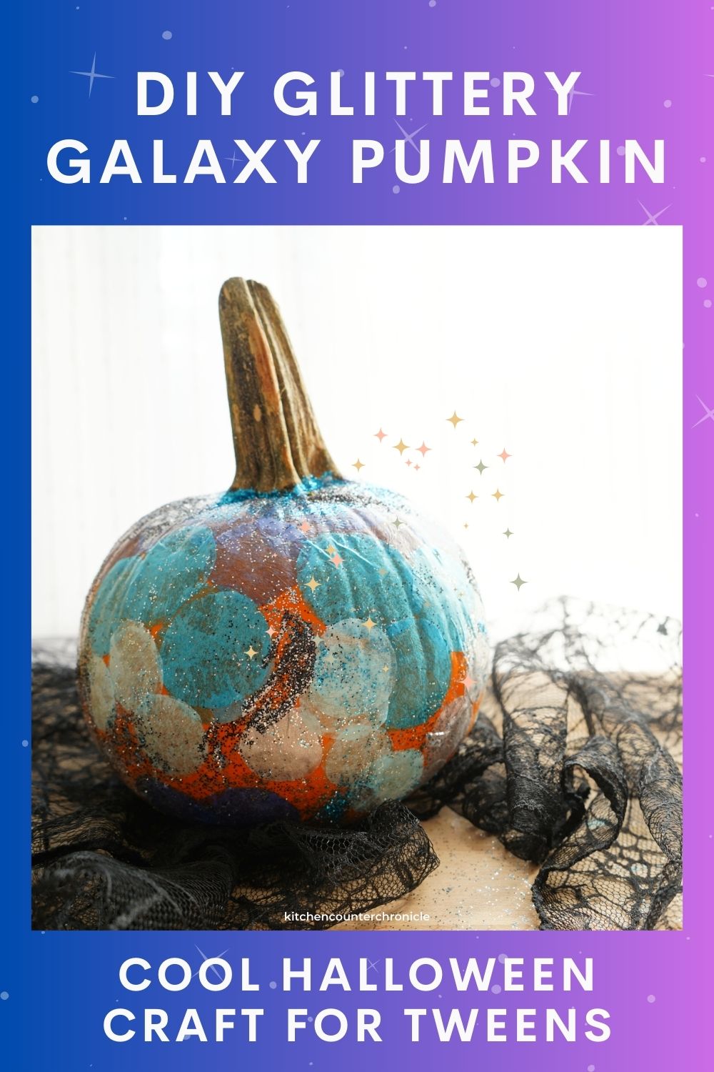 pin title "diy glittery galaxy pumpkin" and "cool Halloween craft for tweens" with image of galaxy pumpkin