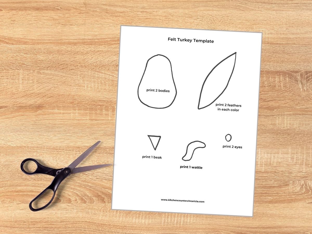 printable felt turkey template on table with pair of scissors