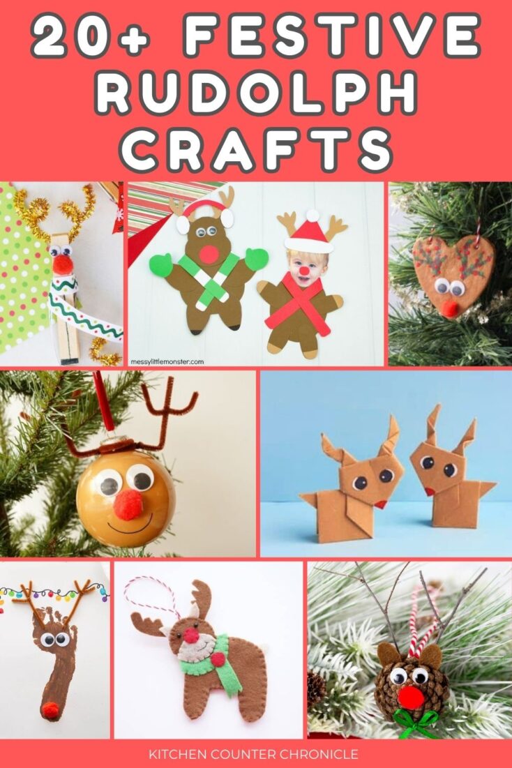 20+ Rudolph crafts for kids to make - collage of rudolph the red-nosed reindeer crafts