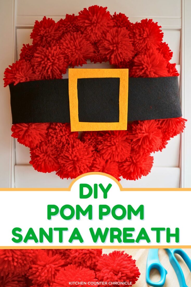 DIY Santa pom pom wreath hanging on door with title and pair of scissors