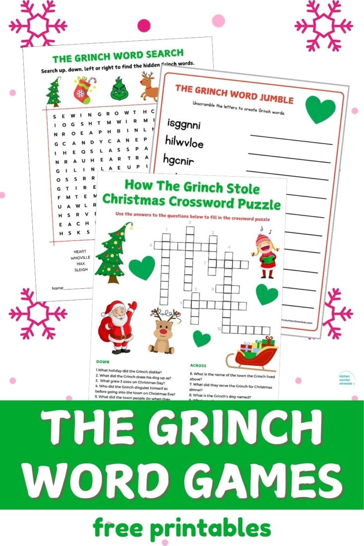 free printable the Grinch word games - word search, crossword puzzle and word jumble