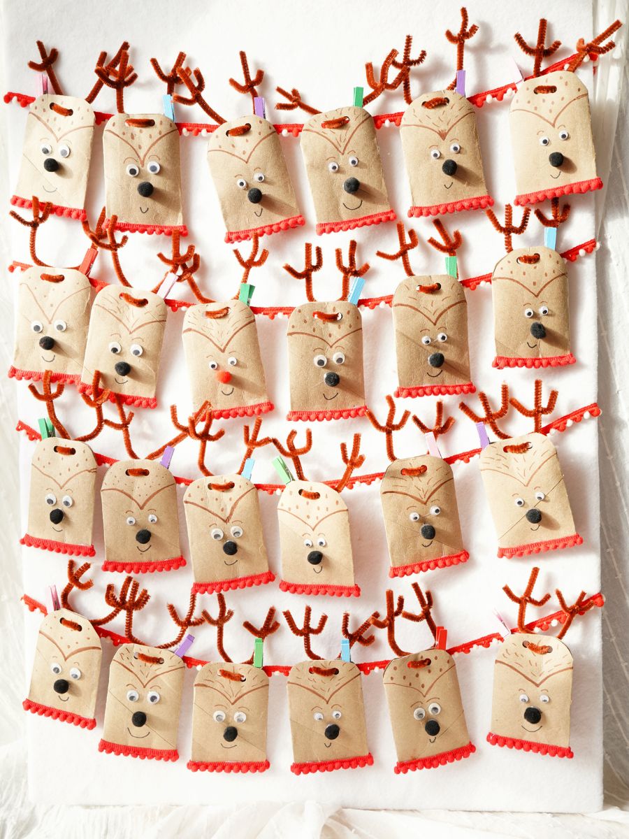 full view of toilet paper roll reindeer advent calendar on white board