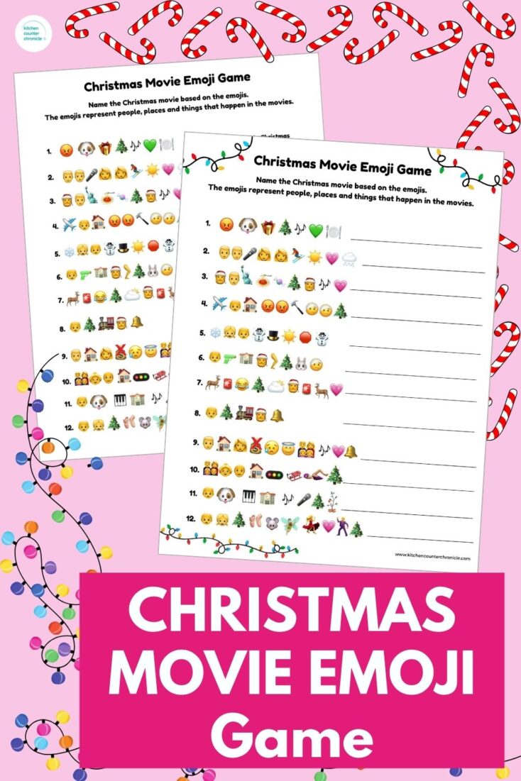 pin image of christmas movie emoji game and answer sheet surrounded by candy canes and christmas lights