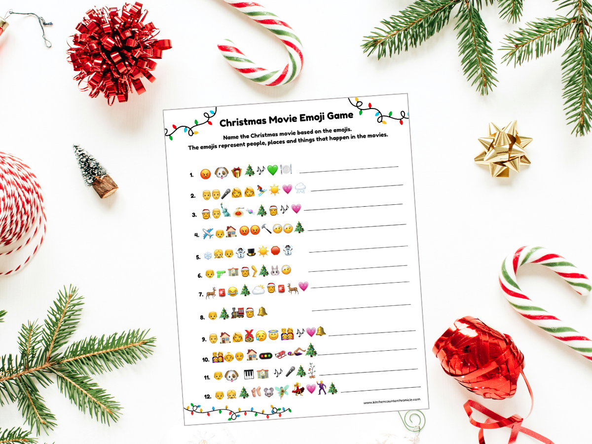 square image of christmas movie emoji game printable with answer sheet and holly sprigs