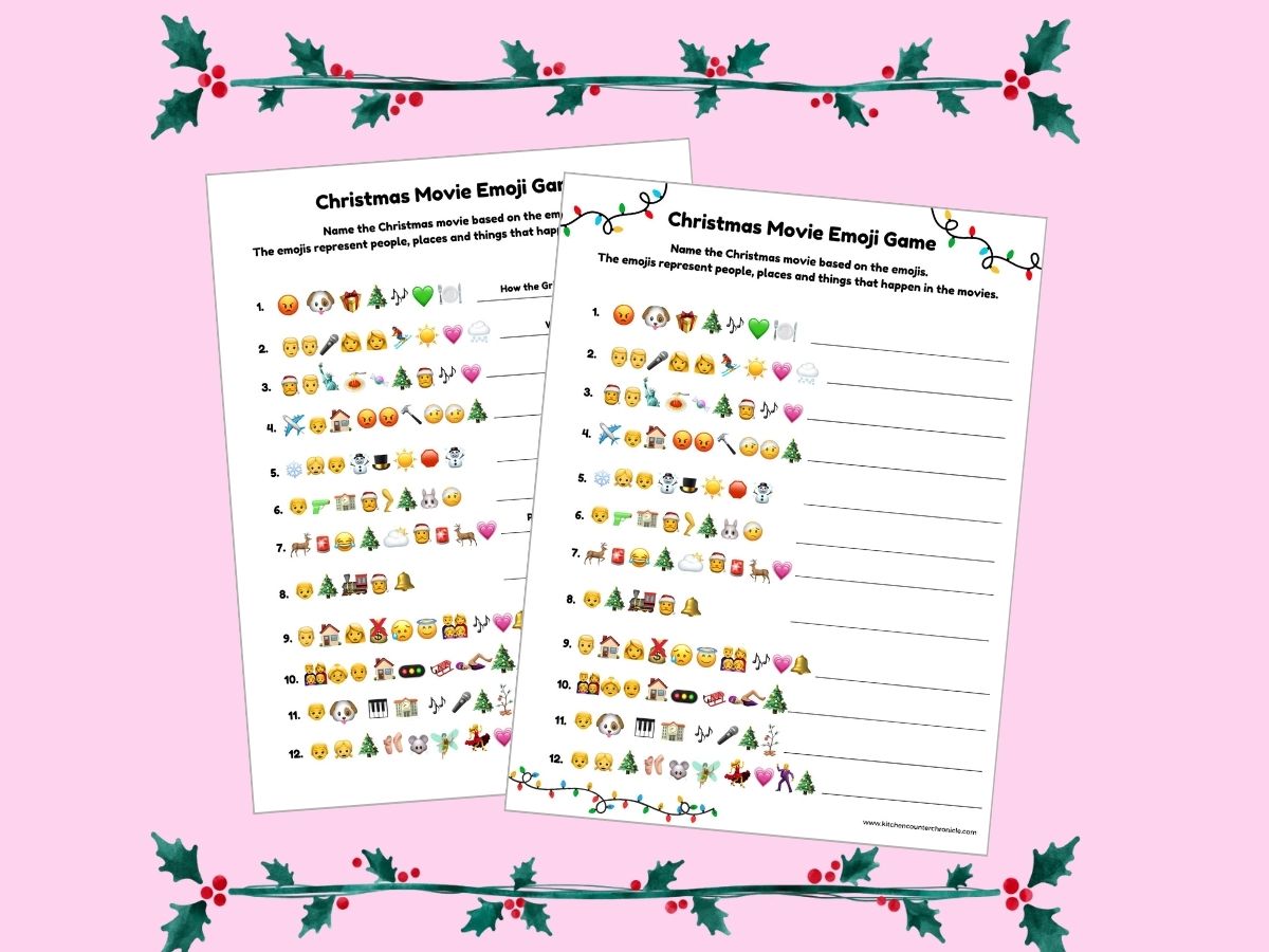 printable christmas movie emoji game with answer sheet surrounded by holly