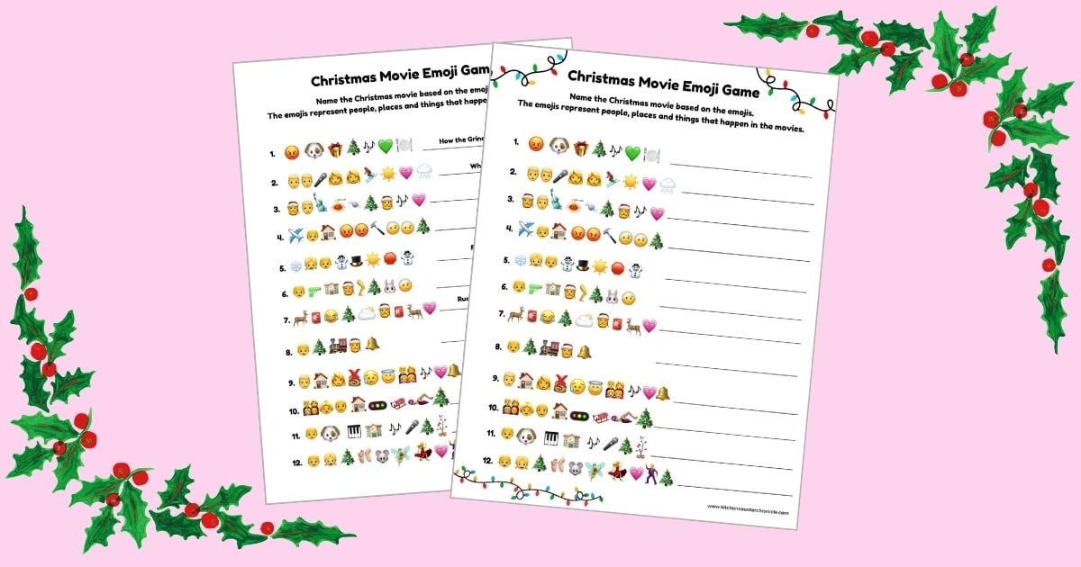 social image of christmas movie emoji game with answer sheet and holly sprigs