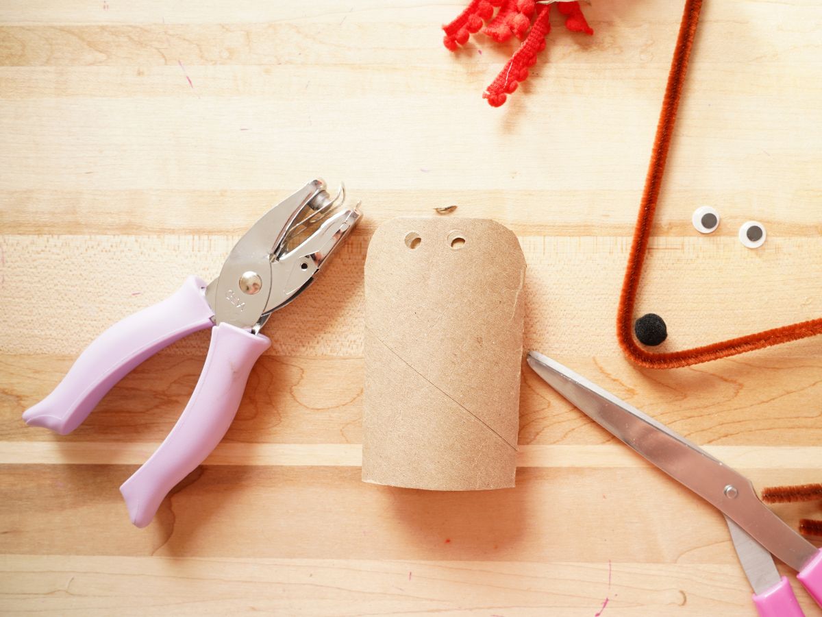 toilet paper roll trimmed and two holes punched in top