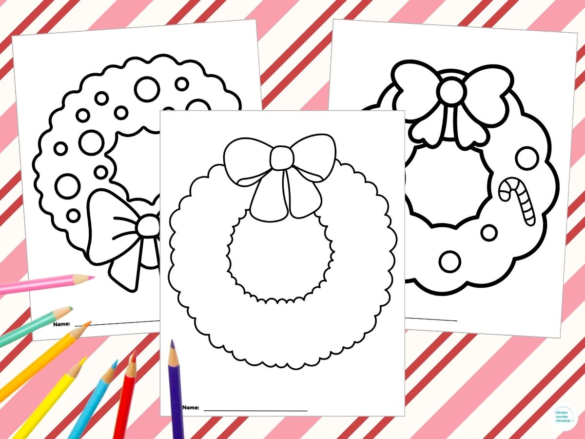3 Christmas wreath coloring pages with colored pencils
