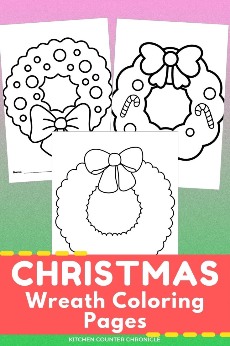 3 different Christmas wreath coloring pages with title "Christmas Wreath Coloring Pages"