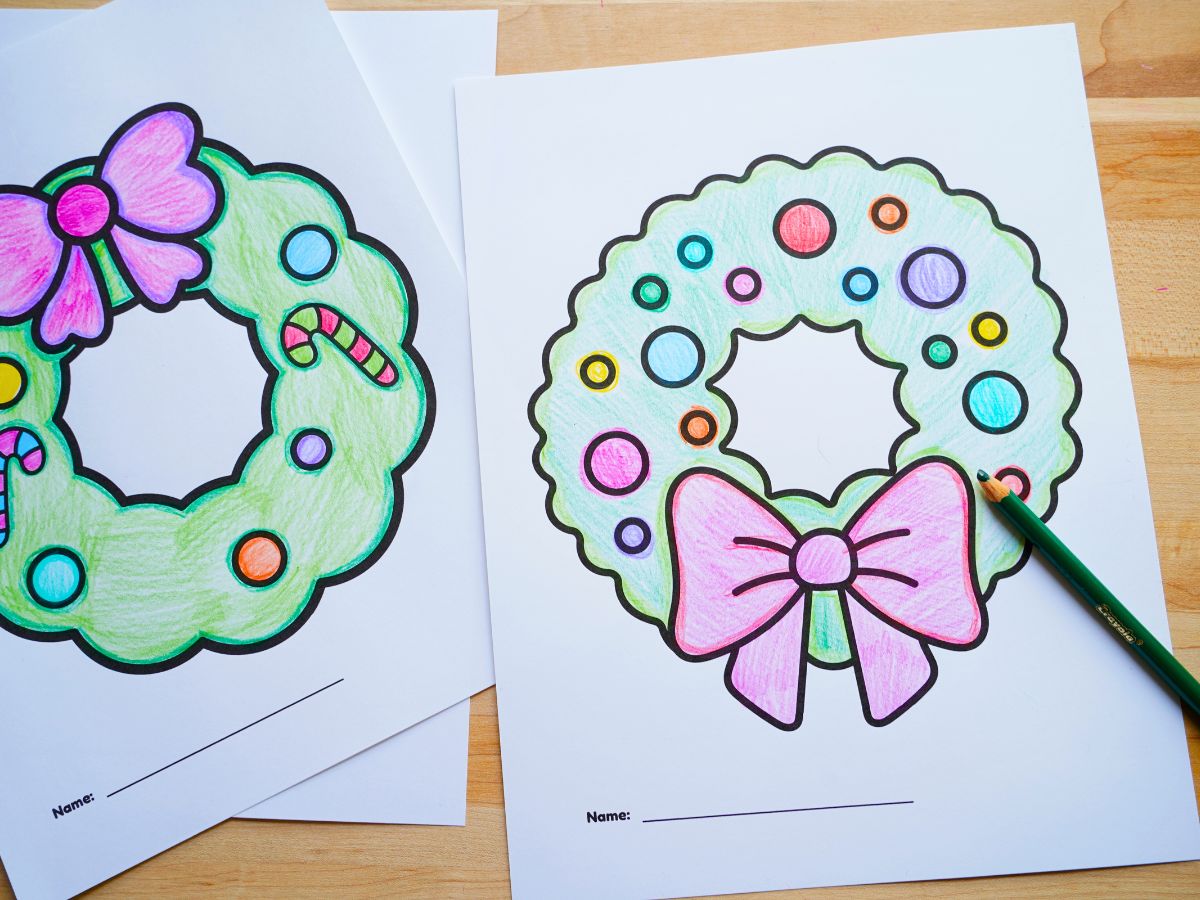 Christmas wreath with baubles coloring page with pencil crayons