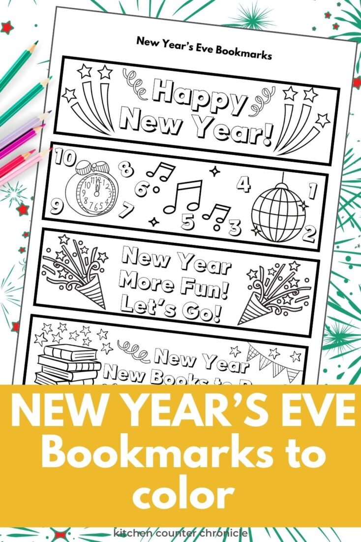 New Year's Eve bookmarks to color printed out with title and fireworks background