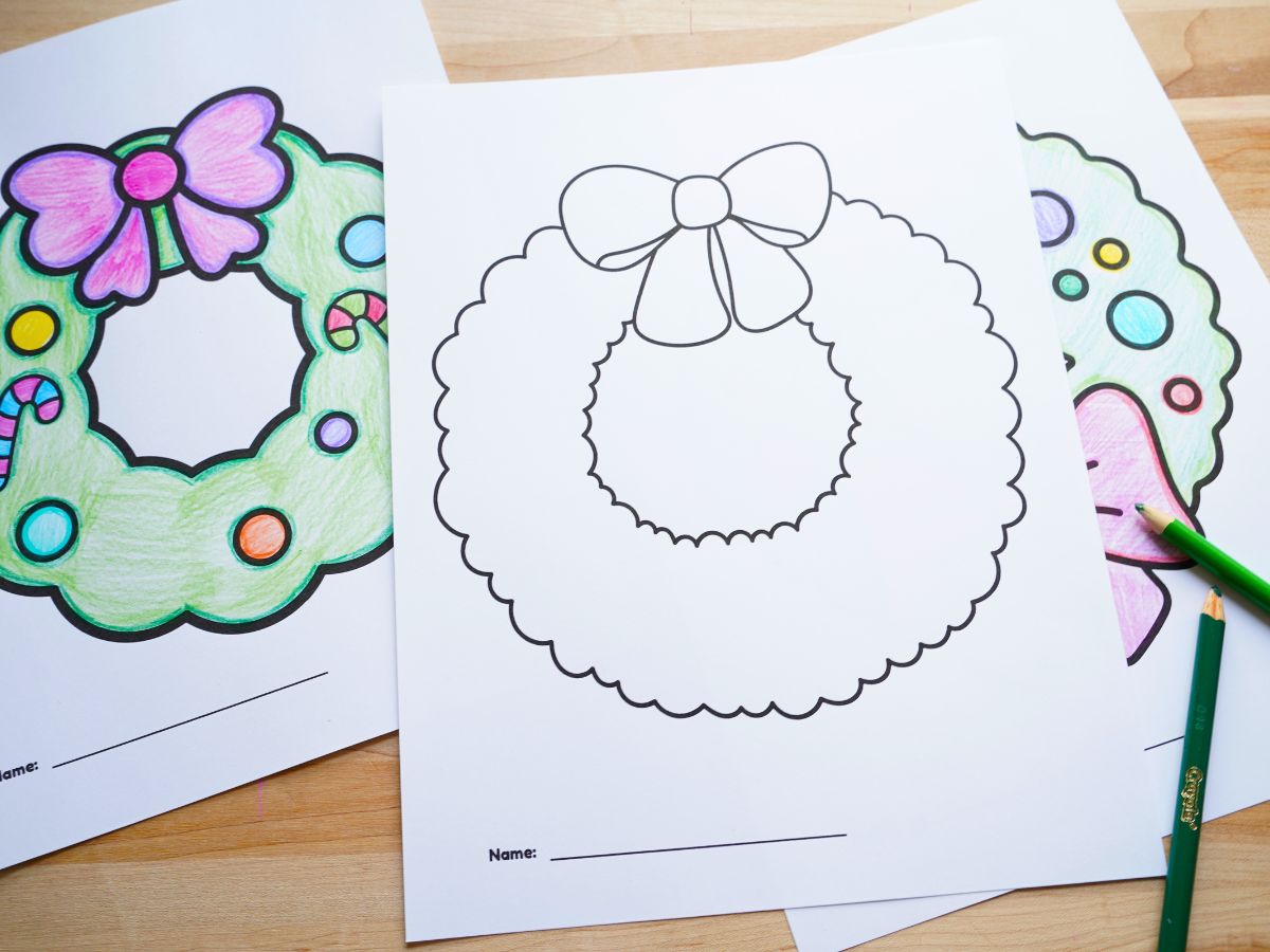 blank Christmas wreath Christmas coloring page surrounded by colored Christmas wreath coloring pages
