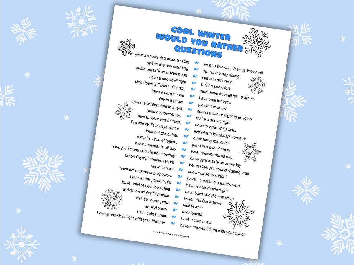 image of printable would you rather questions for winter on snowflake background