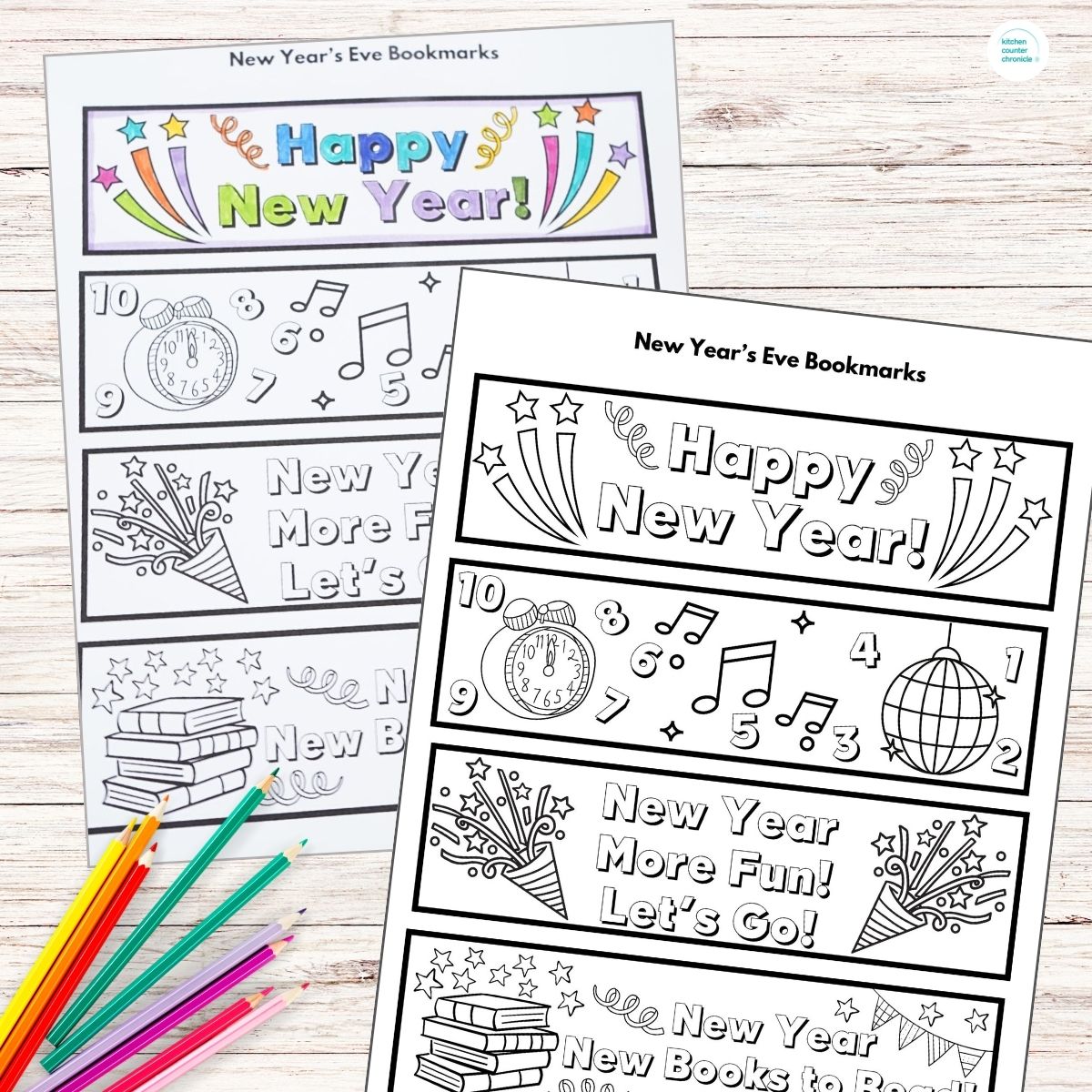 print out of new year's eve bookmarks with colored new year's bookmarks in the background and pencil crayons