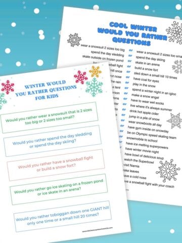 winter would you rather question sheet and printable cards