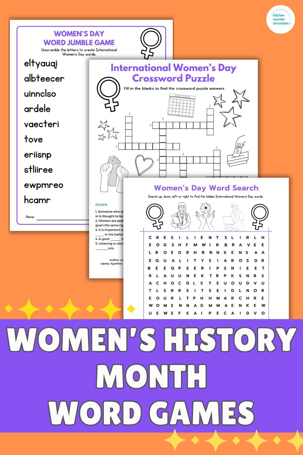 3 Women's History Month printable games - crossword puzzle, word jumble and word search games