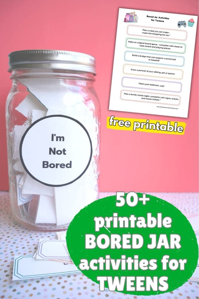 I'm not bored jar filled with activities and free printable in corner of image