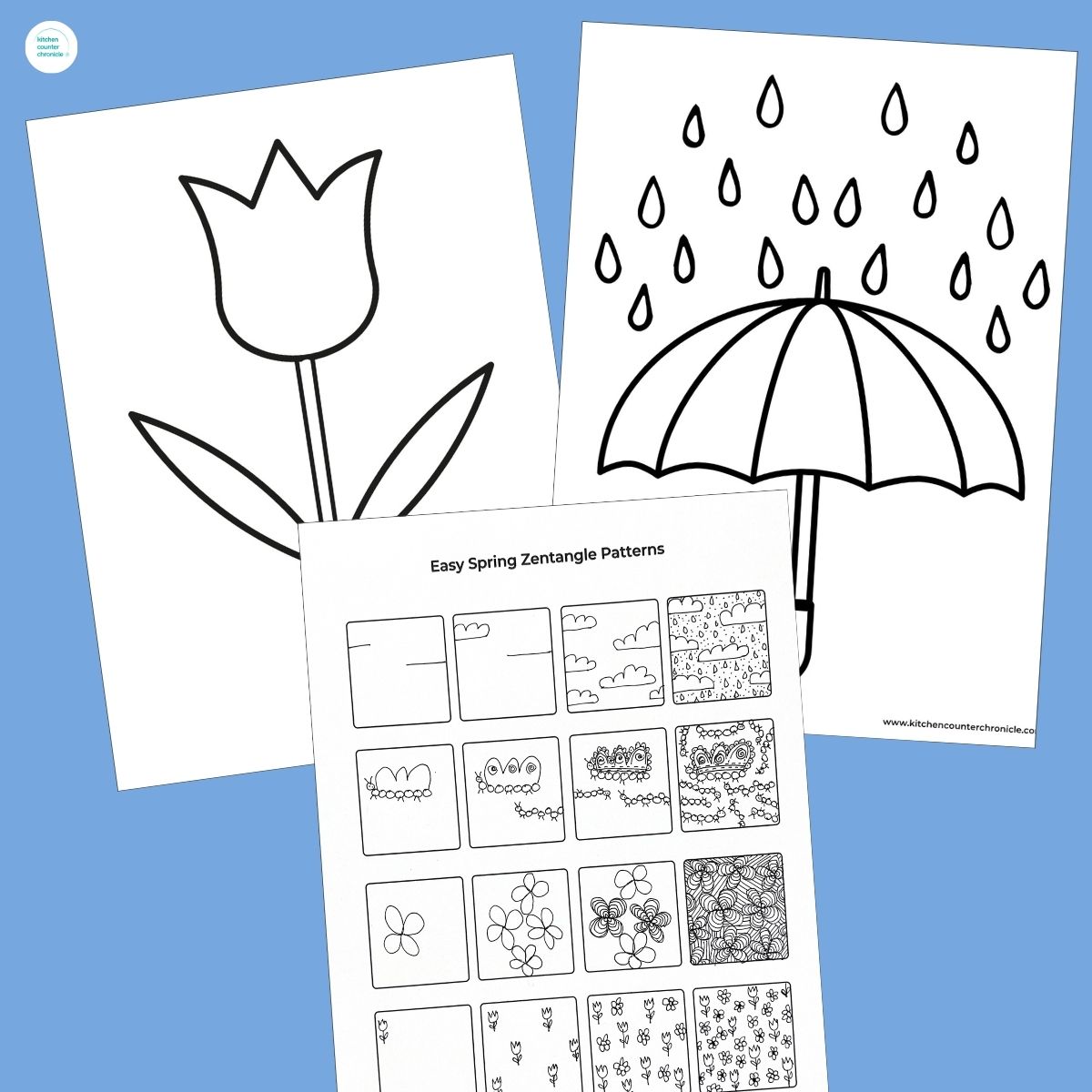4 Easy SPRING ZENTANGLE Patterns with printable spring umbrella and tulip templates (1200 x 1200 px)