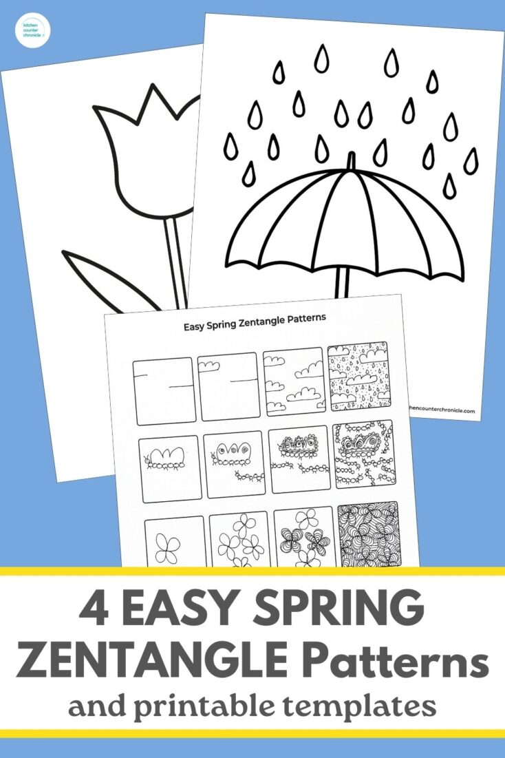 4 Easy SPRING ZENTANGLE Patterns with printable spring umbrella and tulip templates
