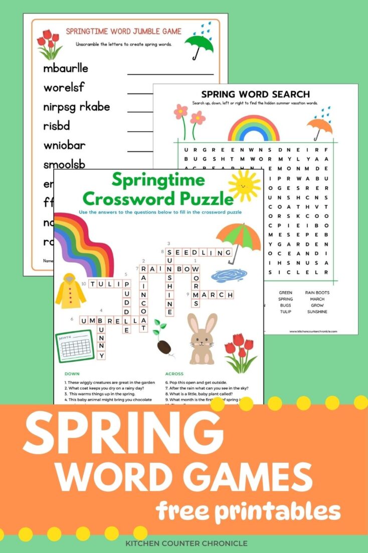 Collage of spring word games - word search, crossword puzzle and word jumble pin image