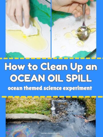 clean an ocean oil spill ocean science experiment for kids with child's hand holding spoon