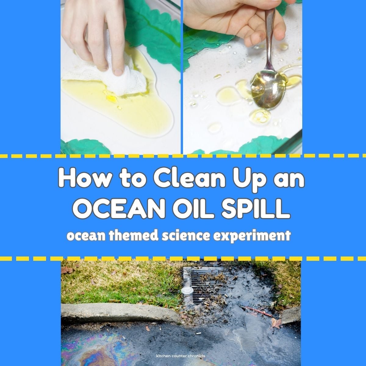 clean an ocean oil spill ocean science experiment for kids with child's hand holding spoon