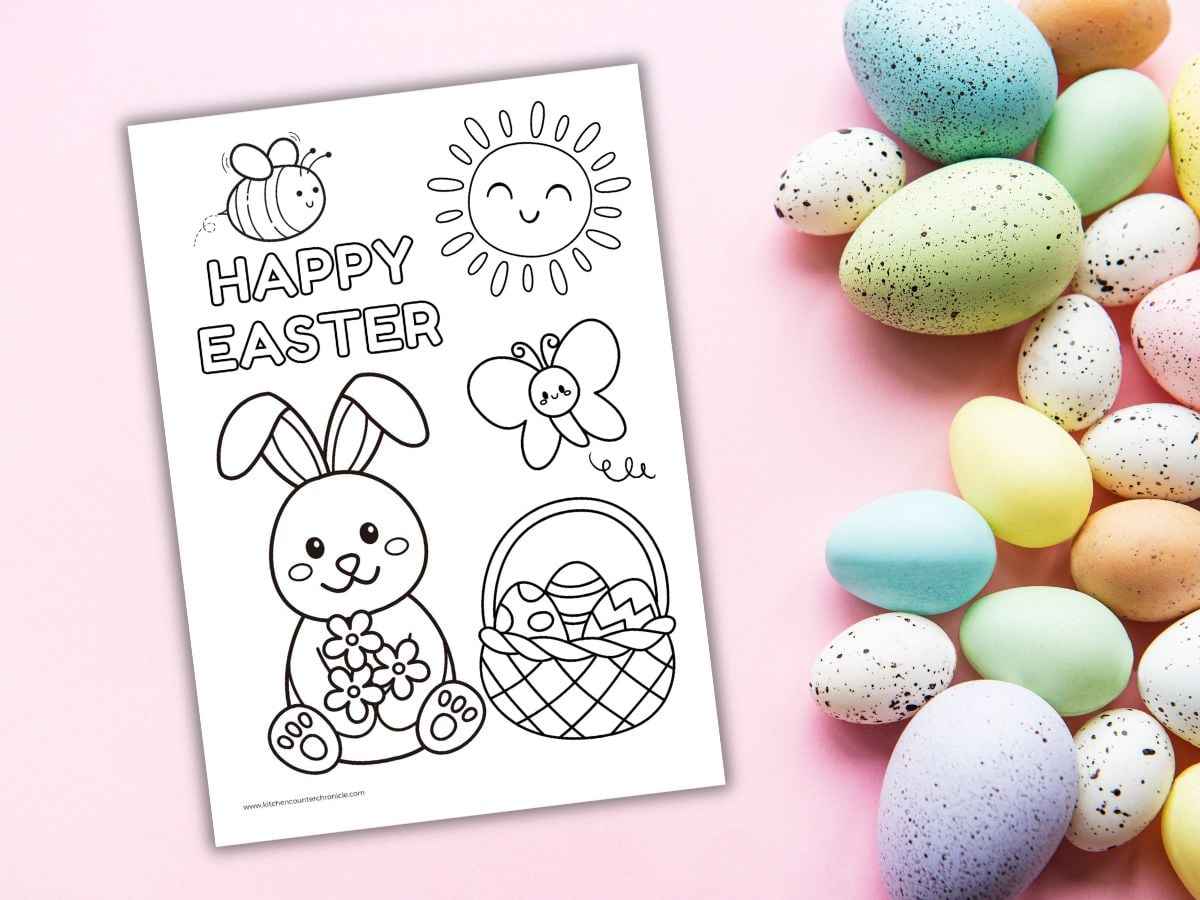happy easter coloring sheet with cute bunny and easter basket and bee